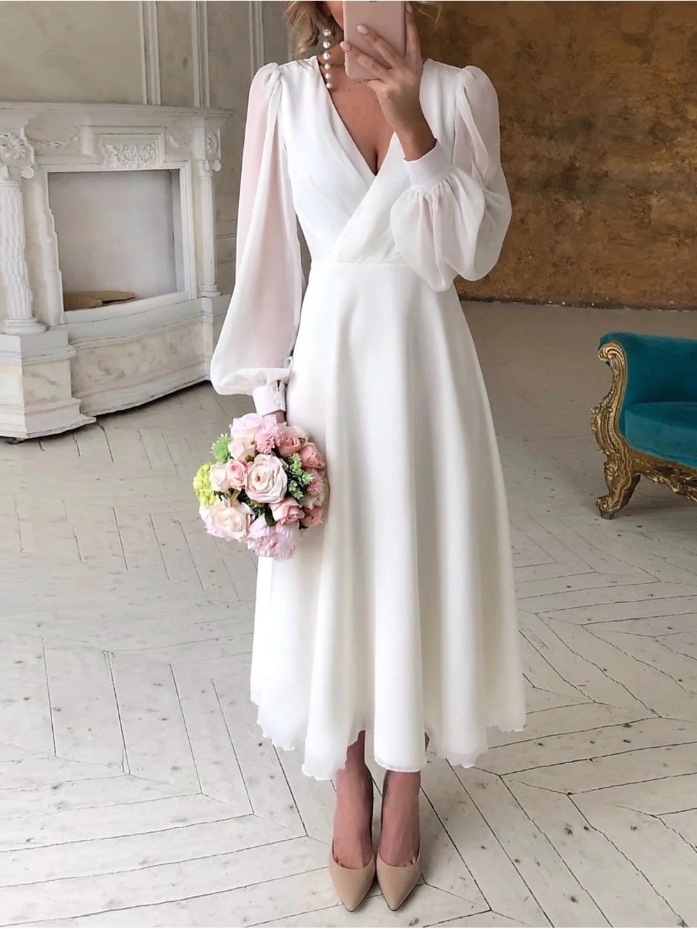 Elegant White Long-Sleeve V-Neck Midi Dress - Bridal Shower or Rehearsal